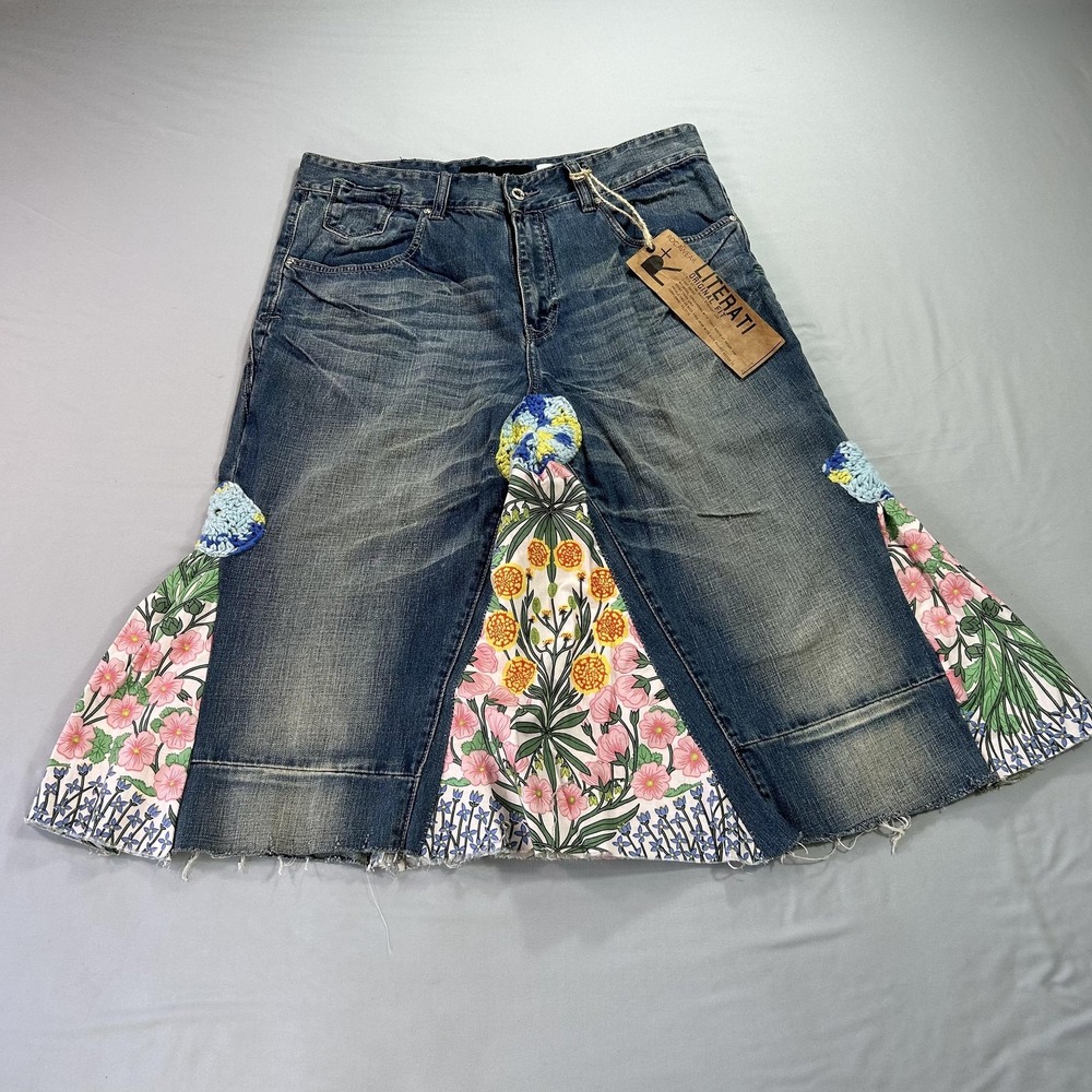 Rocawear Literati Skirt Womens 36 Blue Denim Floral Patchwork Maxi Boho Festival